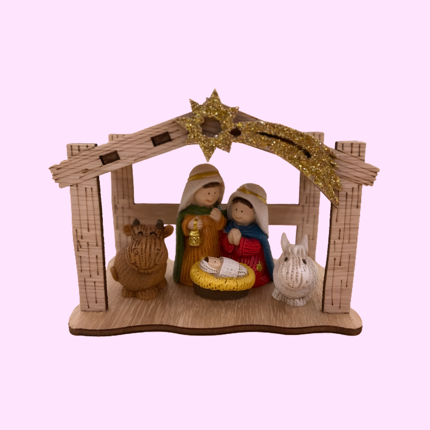 Holzkrippe mit Polyresinfiguren 7,4 x 6 x 9,5 cm